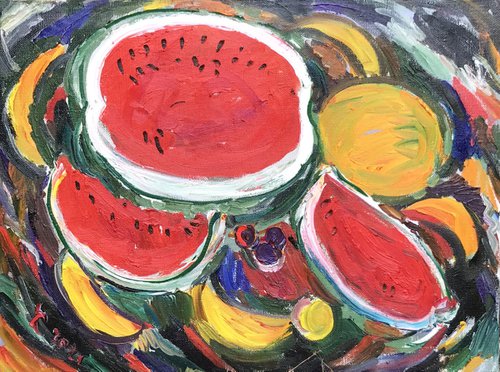 STILL LIFE WITH WATERMELON AND MELON - Still- life with fruits, kitchen restaurant dining room, Christmas gift by Karakhan