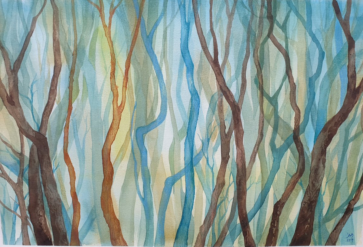 Illustrative Landscape Watercolour By Ksenia June, 20 X 14", Sunday Walk In Woods, Original Artwork