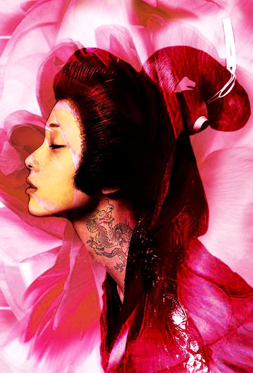 Japanese Geisha in Pink Flower by Alex Solodov