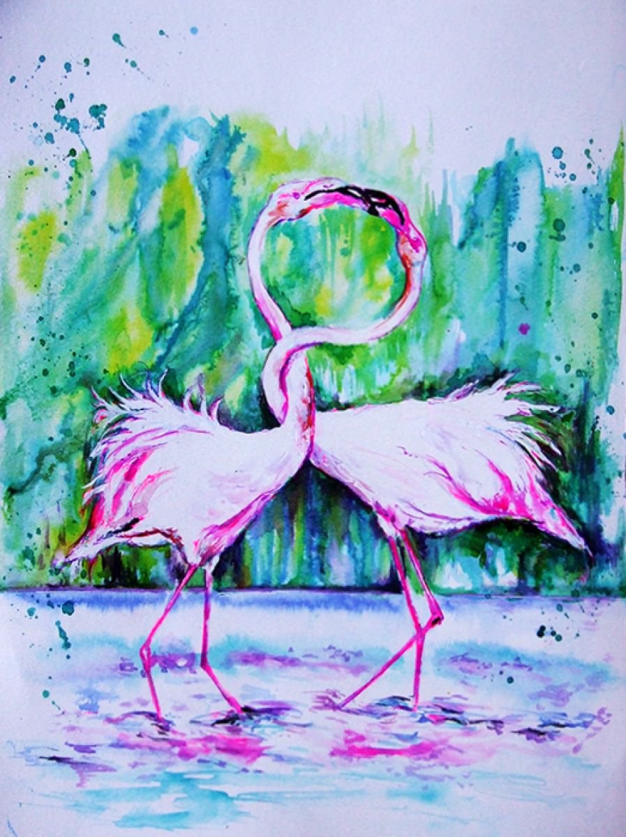Flamingos/ Watercolour by Anna Sidi-Yacoub