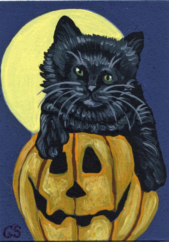 ACEO ATC Original Miniature Painting Halloween Pumpkin Pet Cat Art-Carla Smale