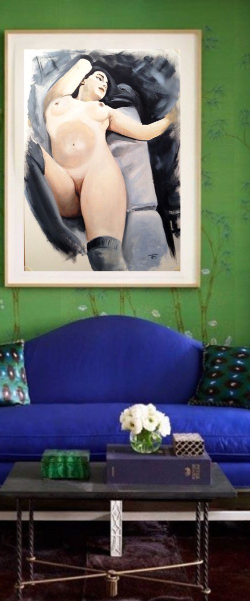 Black hair- original oil painting on paper female nude- 42 x 59 (17' x 23') by Carlo Toma