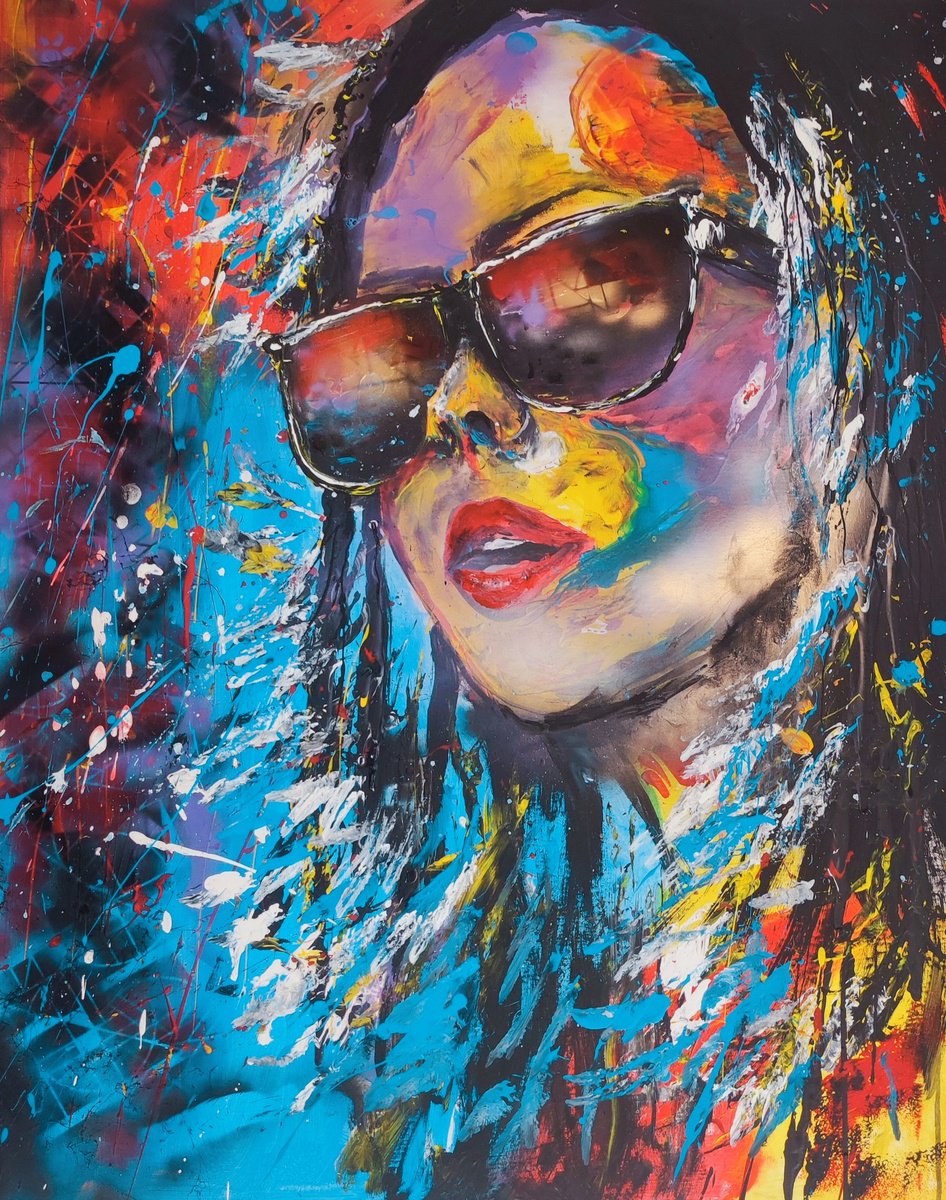 Abstract Portrait Acrylic Painting By Beata Harasim, 31 X 39, Women With Sunglasses, Original Artwork