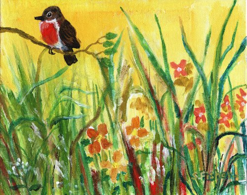 robin in the flower meadow by Sandra Fisher