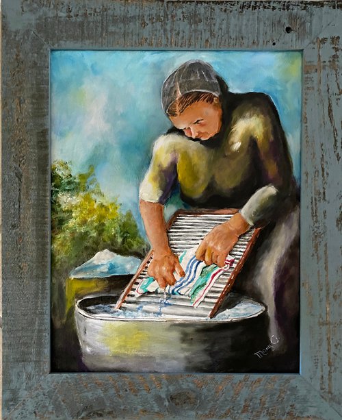 Grandma Vintage Washboard Original Oil Painting framed Rustic Teal Green Frame 11x14 by Mary Gullette