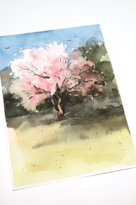 Flowering tree in watercolor, Spring tree