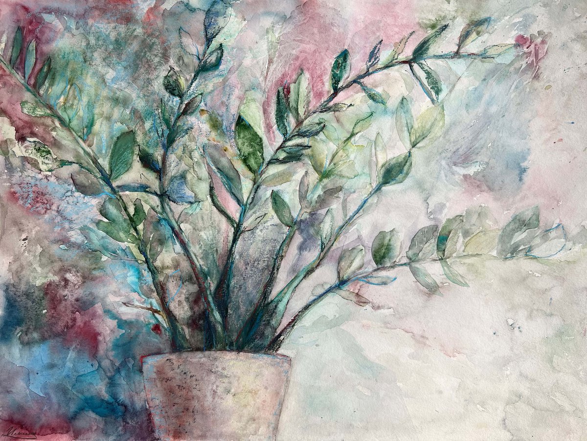 ZAMIOCULCAS- Pastel and watercolor drawing on paper, drawing for bedroom, impressionistic... by Tatsiana Ilyina