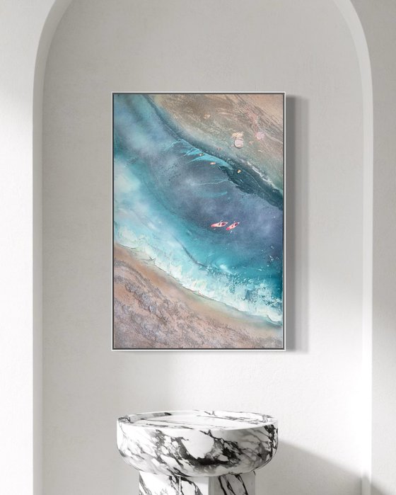 Teal Texture seascape with kayaks  2 90x60