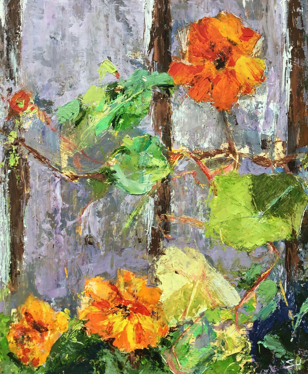 Impressionistic Botanical Oil Painting By Sandra Haney, 10 X 12", Orange Nasturtiums, Original Artwork