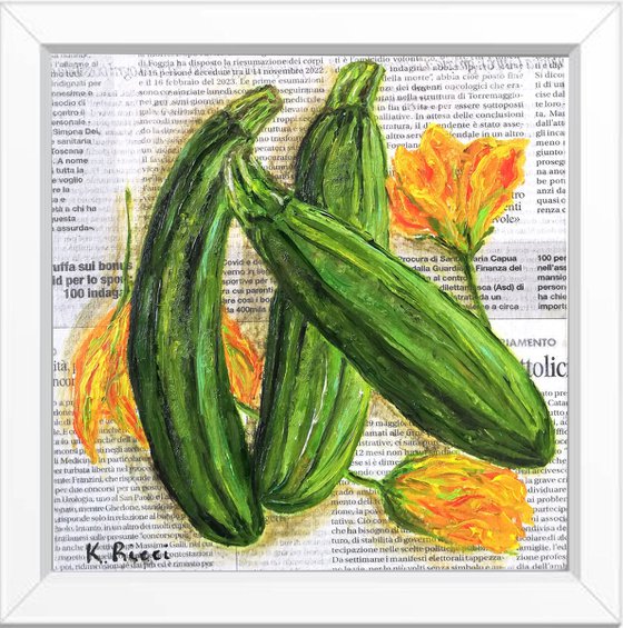 "Zucchini Flowers on Newspaper" Original Oil on Canvas Board Painting 8 by 8 inches (20x20 cm)