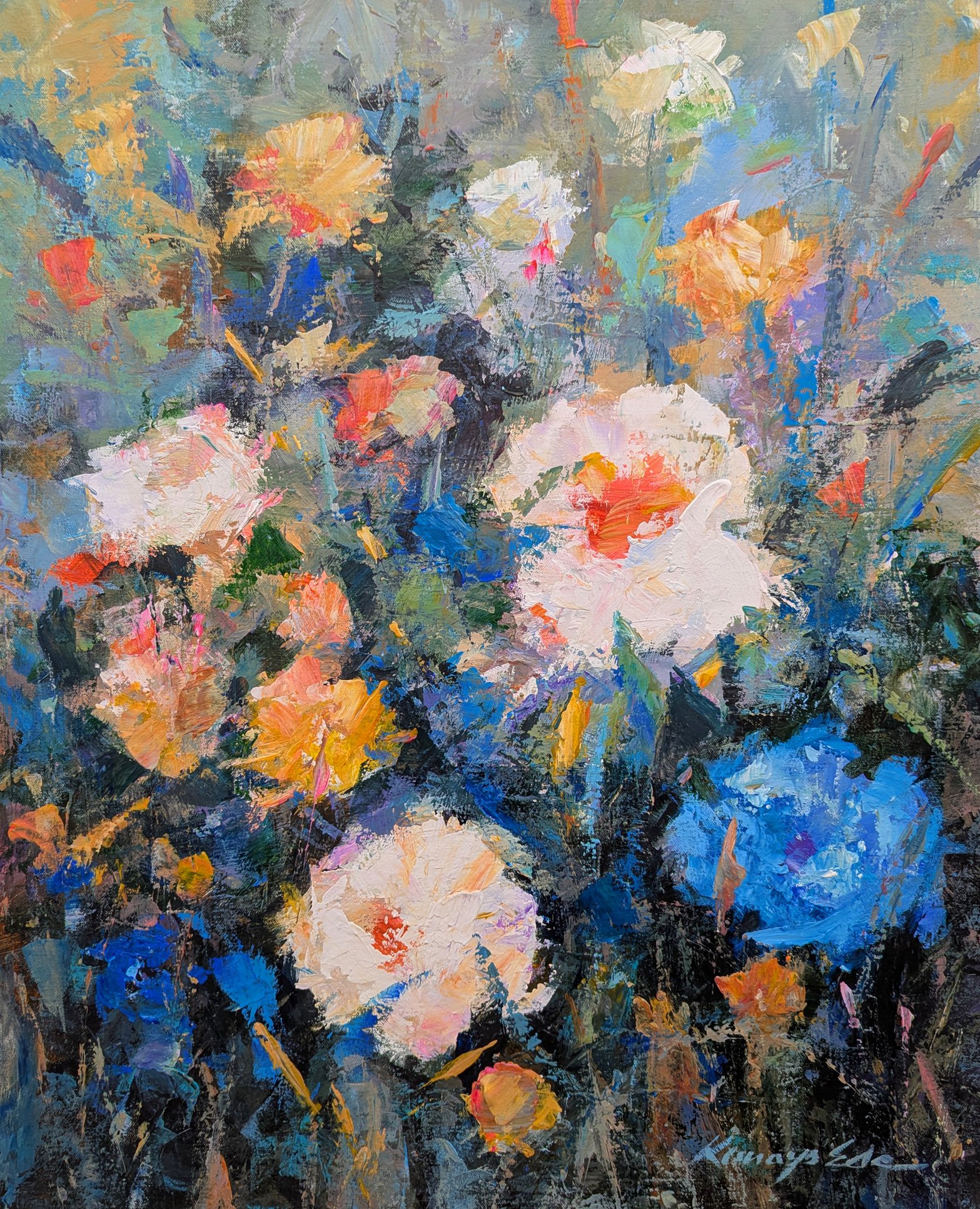 Impressionistic Botanical Acrylic Painting By Kanayo Ede, 24 X 30", White Flora, Original Artwork