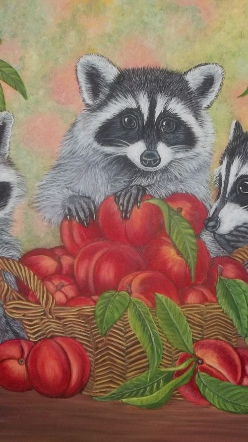 Three Raccoon and Peaches by Sofya Mikeworth