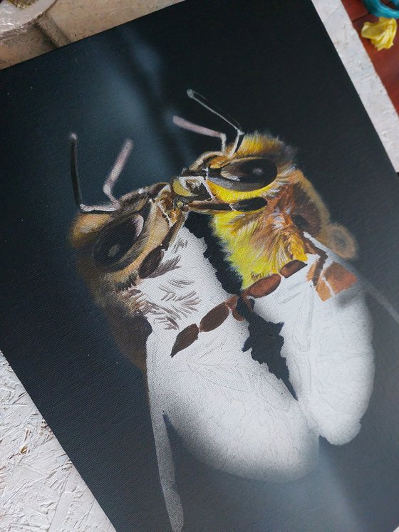Bee painting on canvas,  original art bee, bee art, hyperrealism art insect