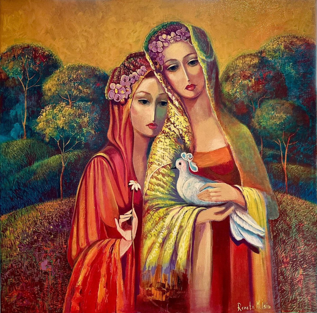 Portrait Oil Painting By Reneta Isin, 31 X 31", " Golden Sky ", Original Artwork