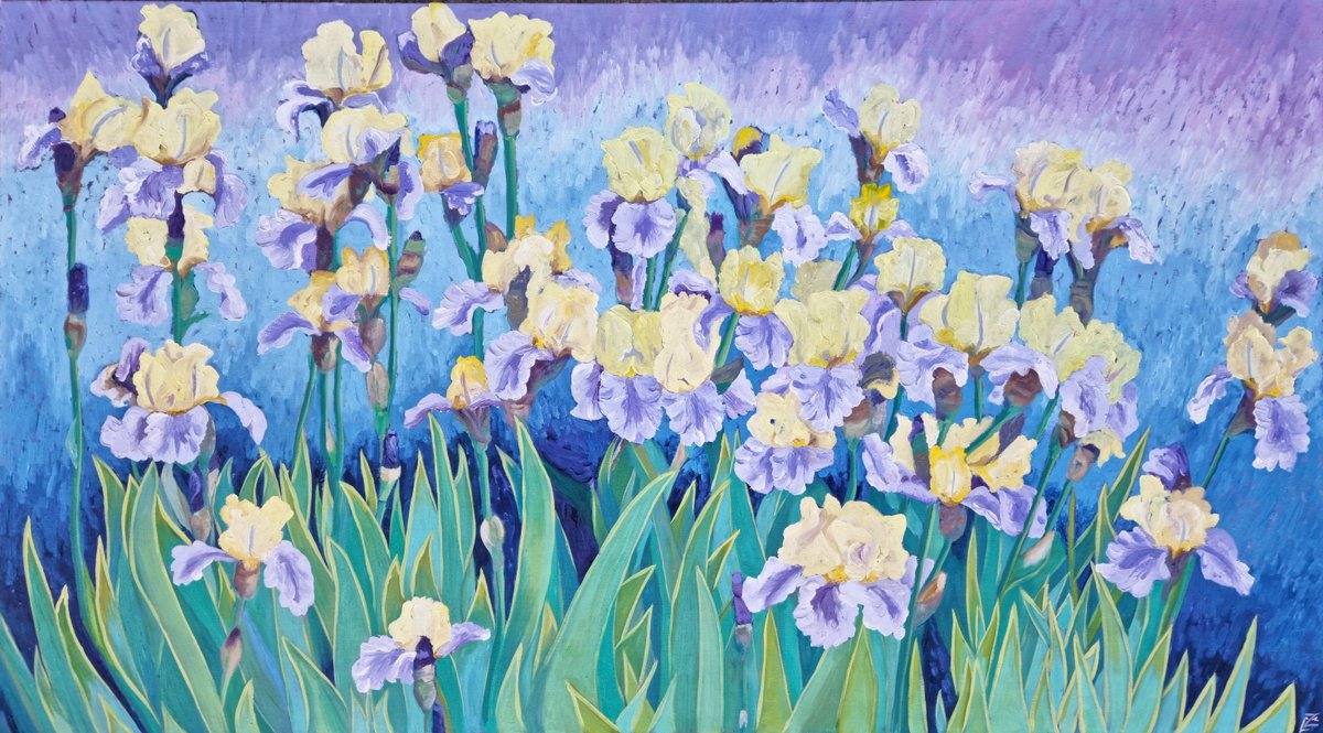 Impressionistic Botanical Oil Painting By Zulfiya Mukhamadeyeva, 43 X 24", Yellow And Purple Irises, Original Artwork