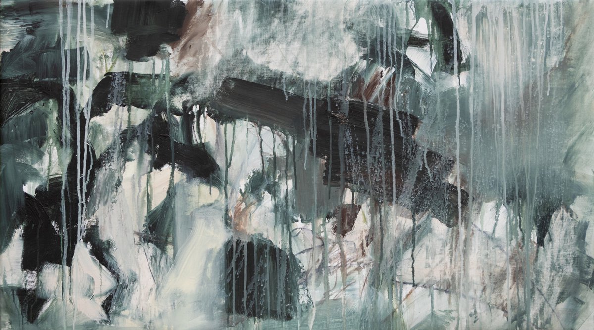 Abstract Acrylic Painting By Fabienne Monestier, 46 X 26, Energy In Grey, Original Artwork