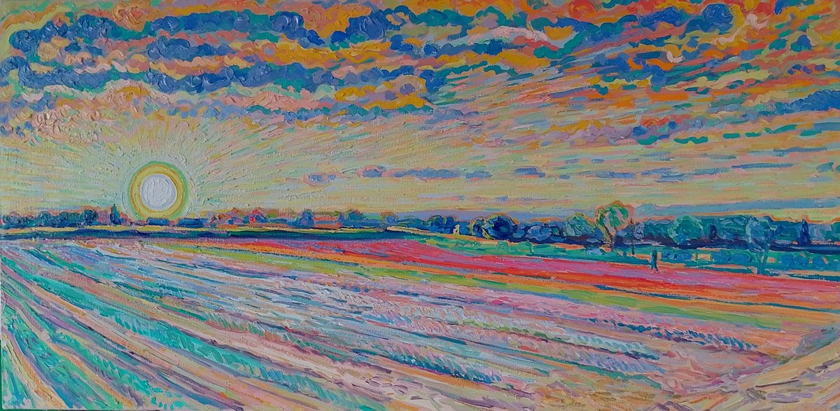 Impressionistic Landscape Oil Painting By Nigel Dickerson, 36 X 16", Sunset Over Tulip Field, Original Artwork