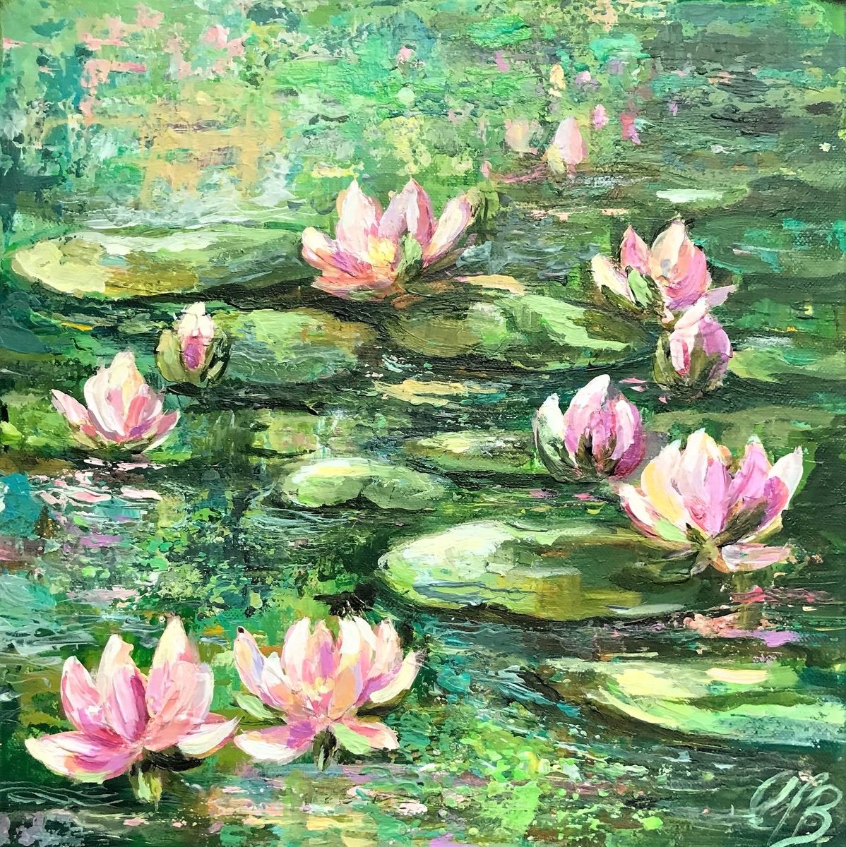 Impressionistic Botanical Acrylic Painting By Colette Baumback, 12 X 12, Pink Water Lilies, Original Artwork