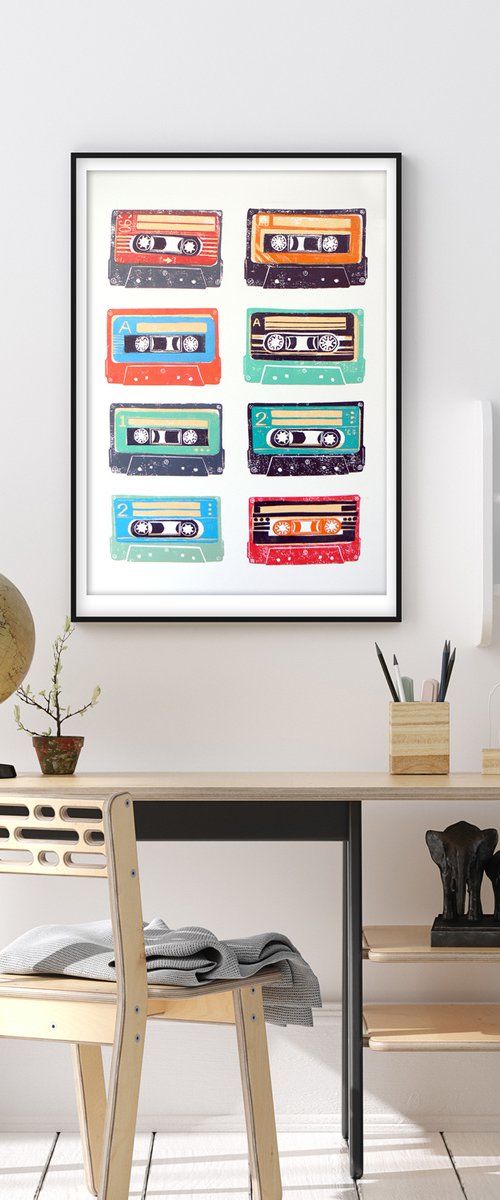 Linocut tapes #25 (cassette tapes, retro music, 70's, 80's rock culture) by Carolynne Coulson