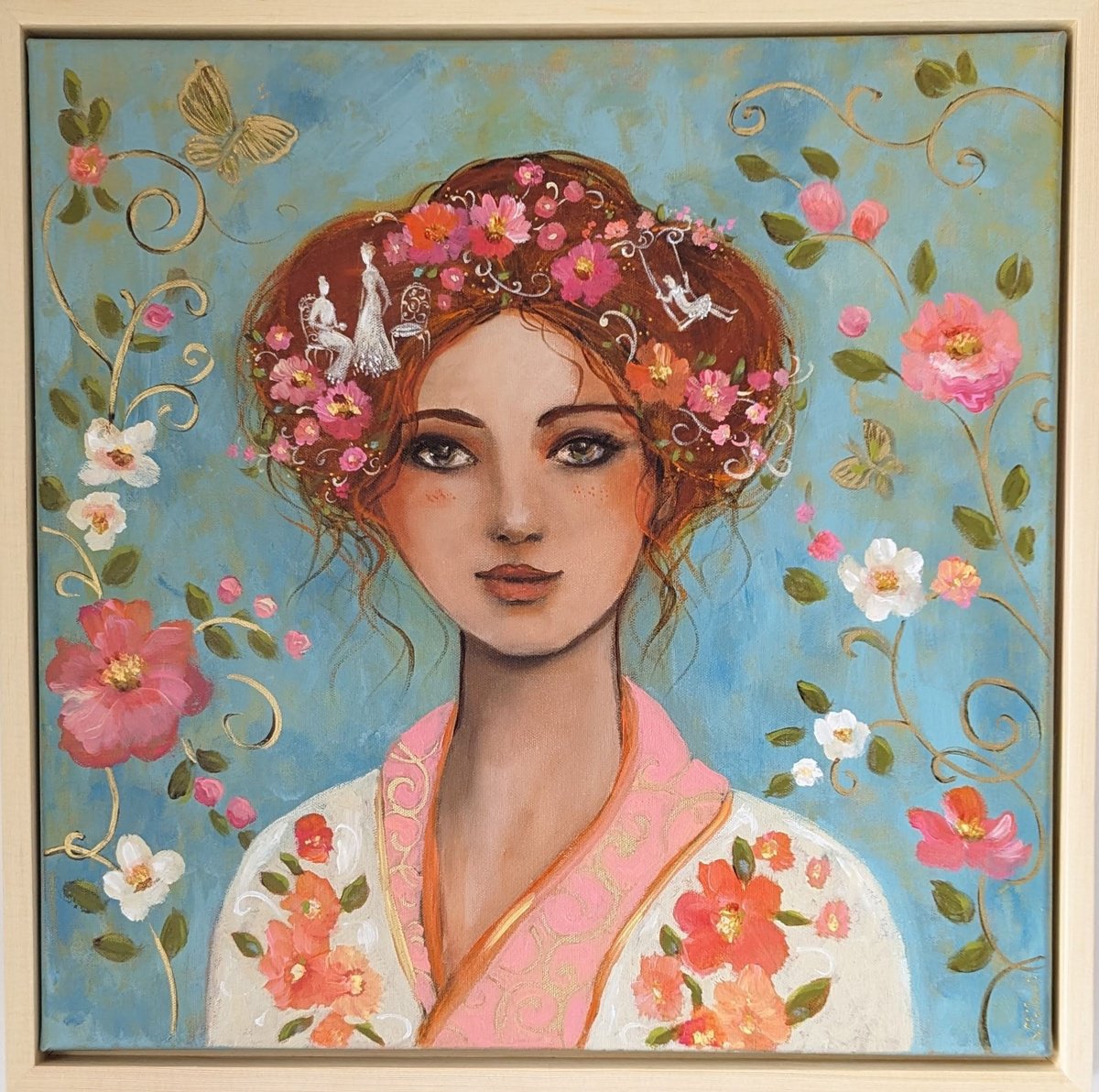 Illustrative Portrait Acrylic Painting By Loetitia Pillault, 21 X 21", Adrienne, Original Artwork