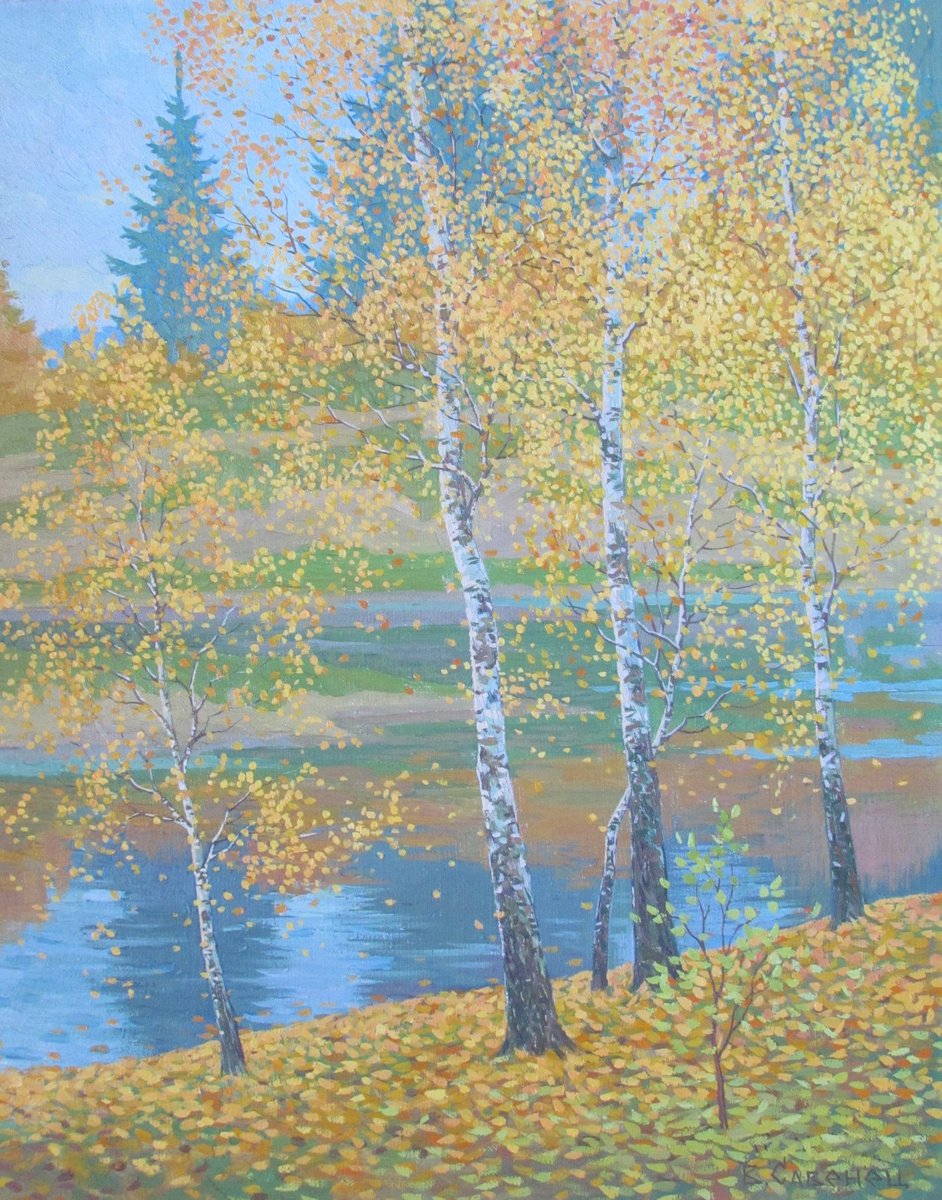 Impressionistic Landscape Oil Painting By Valeriy Savenets-1, 16 X 20", Birch Trees, Original Artwork
