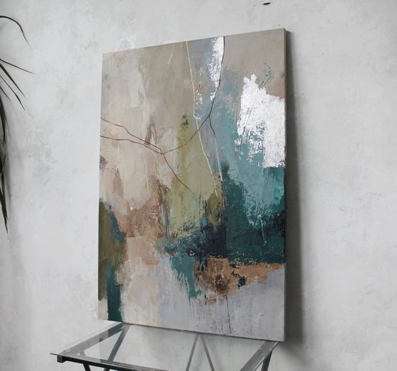 "Fall 3" Abstract acrylic teal green art