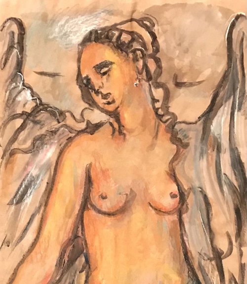 ANGEL - Graphics drawing, nude art, original painting drawing angel wings love gold beautiful female Paris - Christmas gift by Karakhan