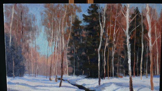 The Forest Brook - original sunny landscape, winter painting