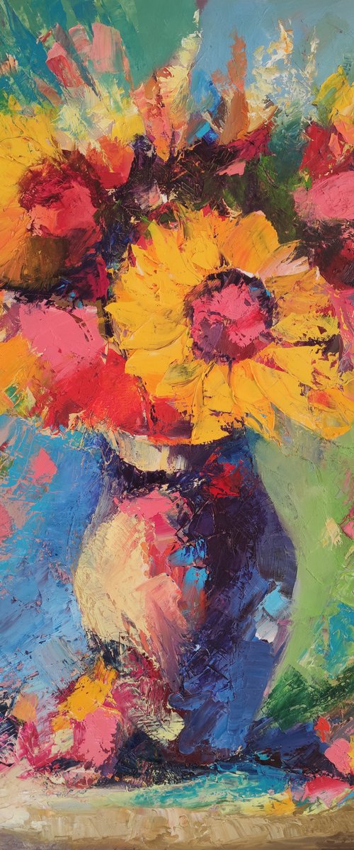 Sunflowers  80x60cm, oil painting, palette knife by Hayk Miqayelyan