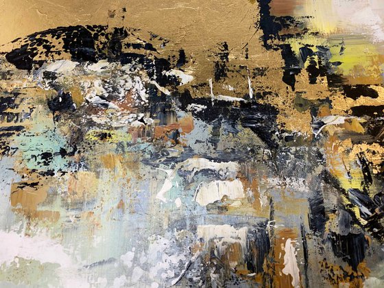 Amber Horizon - Abstract Painting 60" x 30" Large Abstract Gold Leaf Soft Colors White Gray Painting