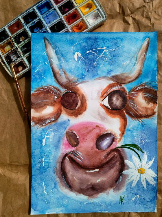 Cow Painting Daisy Original Art Animal Watercolor Floral Artwork Chamomile Home Wall Art 10 by 14" by Halyna Kirichenko