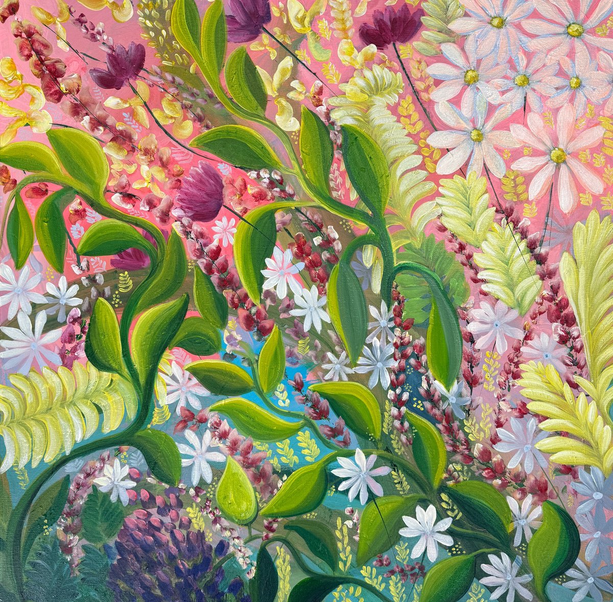 Expressive Botanical Acrylic Painting By Emma Sian Pritchard, 26 X 26, Botanical Dance, Original Artwork