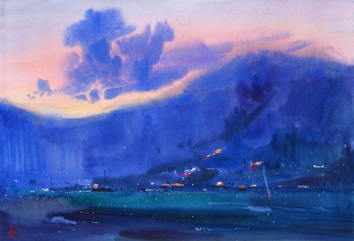 Impressionistic Landscape Watercolour By Maksym Kisilov, 22 X 15", "It Got Dark", Original Artwork