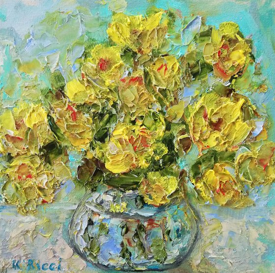 Yellow Flowers in Vase | Small Oil Painting on Canvas Board 8x8 in (20x20cm)