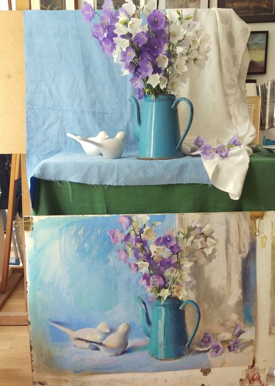 Still life with birds and bellflowers