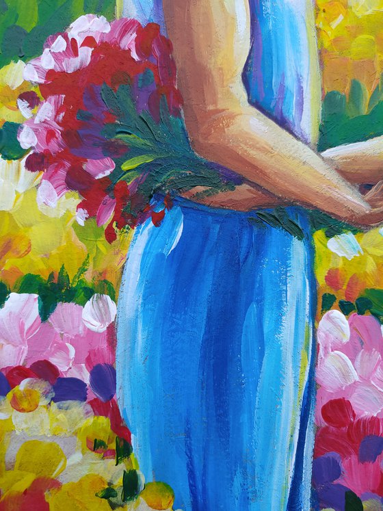 Love story - peace, acrylic painting, tulips, love, lovers, girl, woman, flowers, tulips field