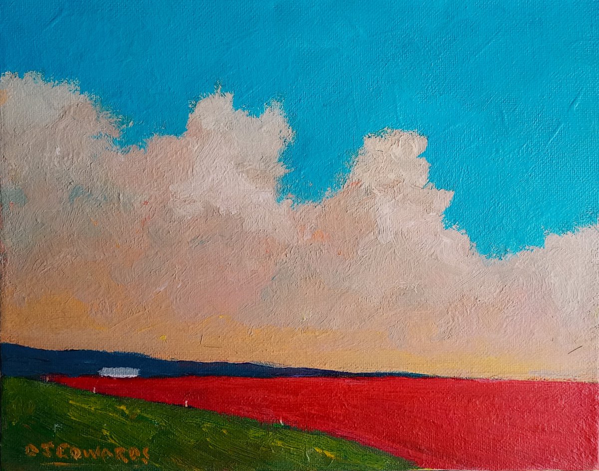 Impressionistic Landscape Acrylic Painting By David J Edwards, 10 X 8, Evening, Poppyfield, Original Artwork