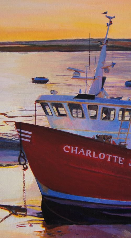 Fishing boat at sunset by Karen Wilcox