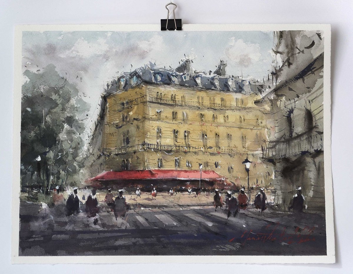 Paris urban scene original watercolor painting on paper, 2022 by Marin Victor