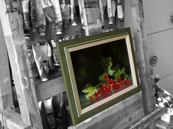 "Red currant branch"  still life summer red currant liGHt original painting  GIFT (2019)