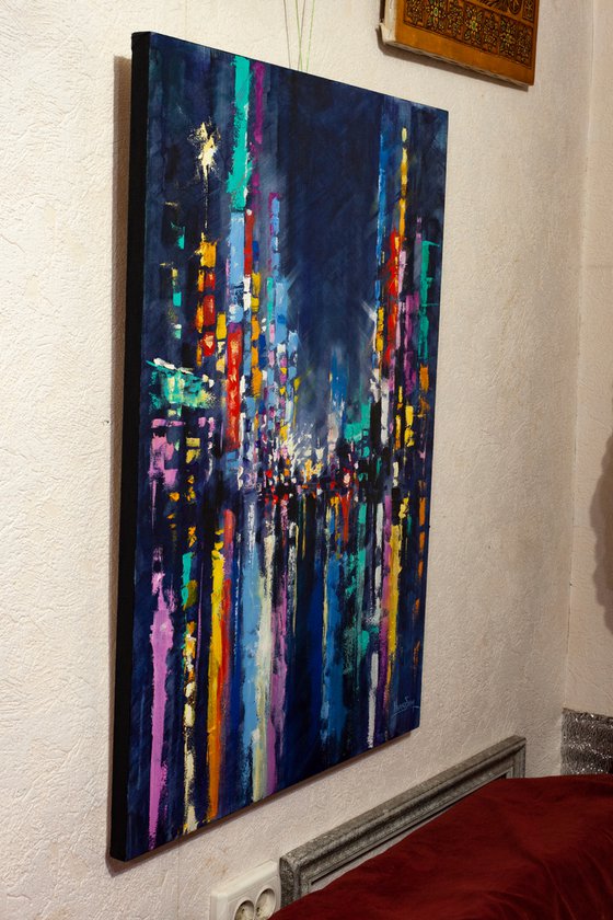 "Night city" Large painting 85x60 cm