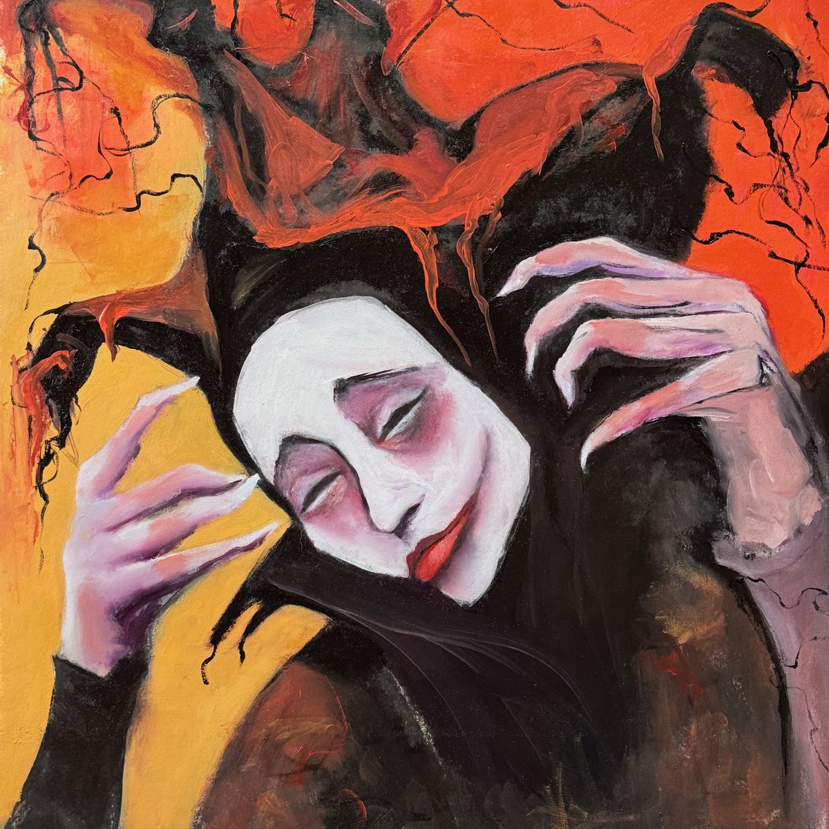 Impressionistic Portrait Oil Painting By Lola Jovan, 20 X 20", In The Shimmering Black Soup, Original Artwork