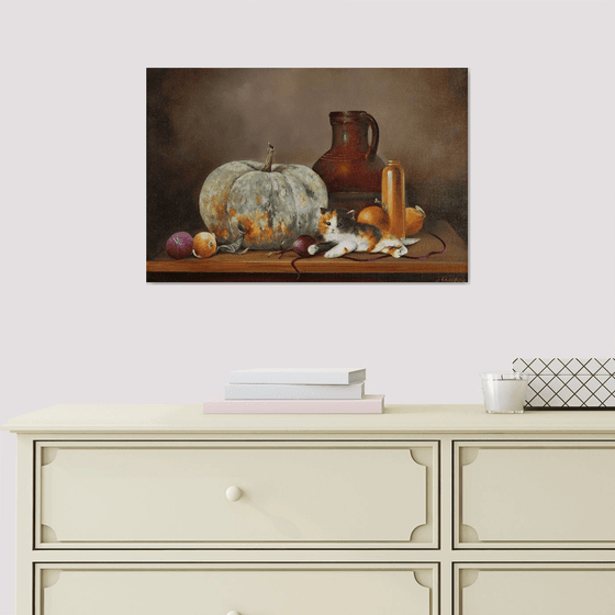 Pumpkin and Kitten Still Life