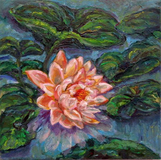 White Lotus Monet Style Original Oil on Canvas Artwork Waterlily Impressionism Minature Modern Floral Home Decor Fine Art/ Small Oil Painting 8x8in (20x20cm) Christmas Gift for Mother