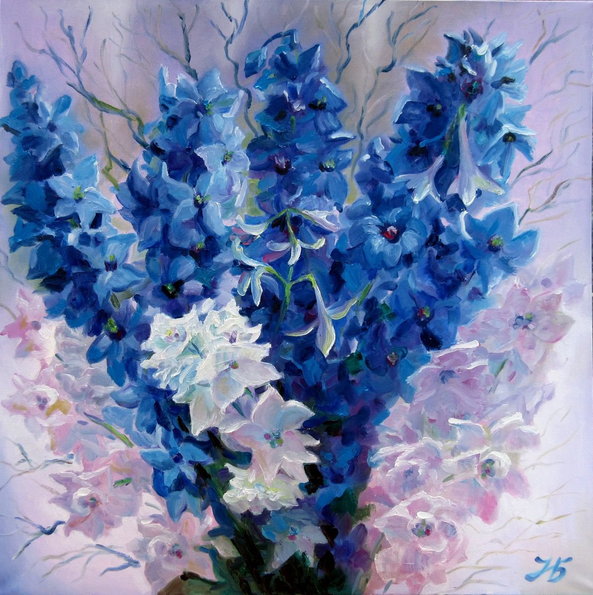Blue Flowers Bouquet 24x24 Delphinium by Nadia Bykova