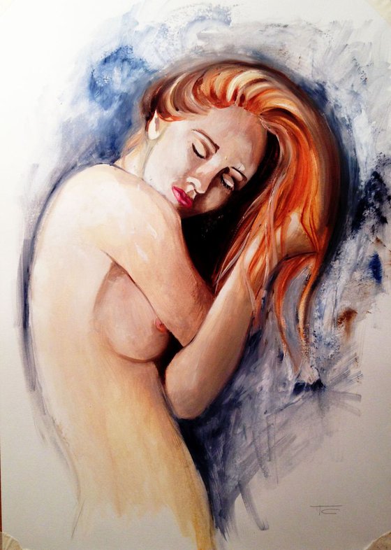 Red head - original painting - 42 x 59 cm (17' x 23')- modern nude oil /watercolor on paper