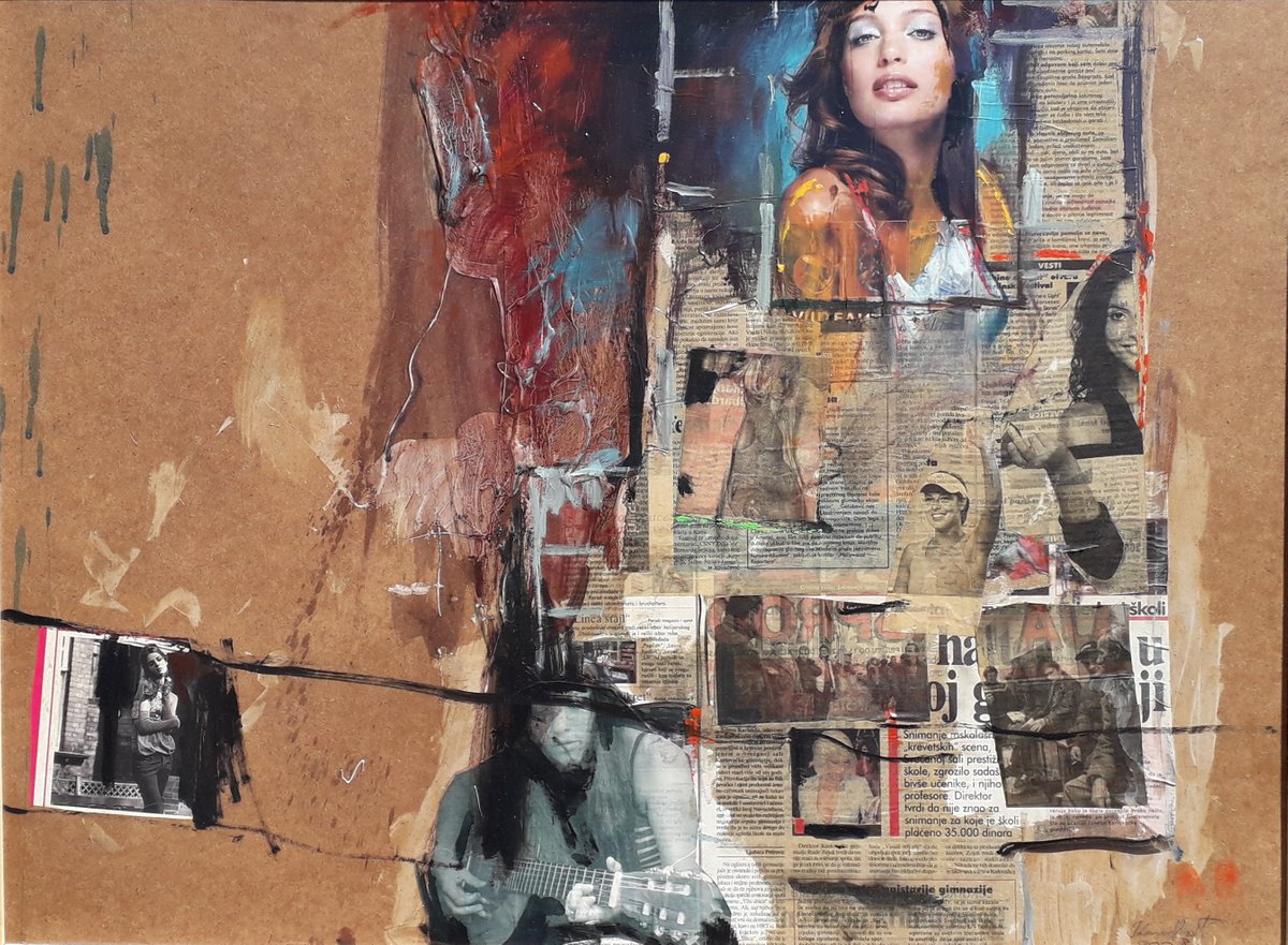 Portrait Painting By Robert Kormos, 30 X 23", Collage 2008, Original Artwork