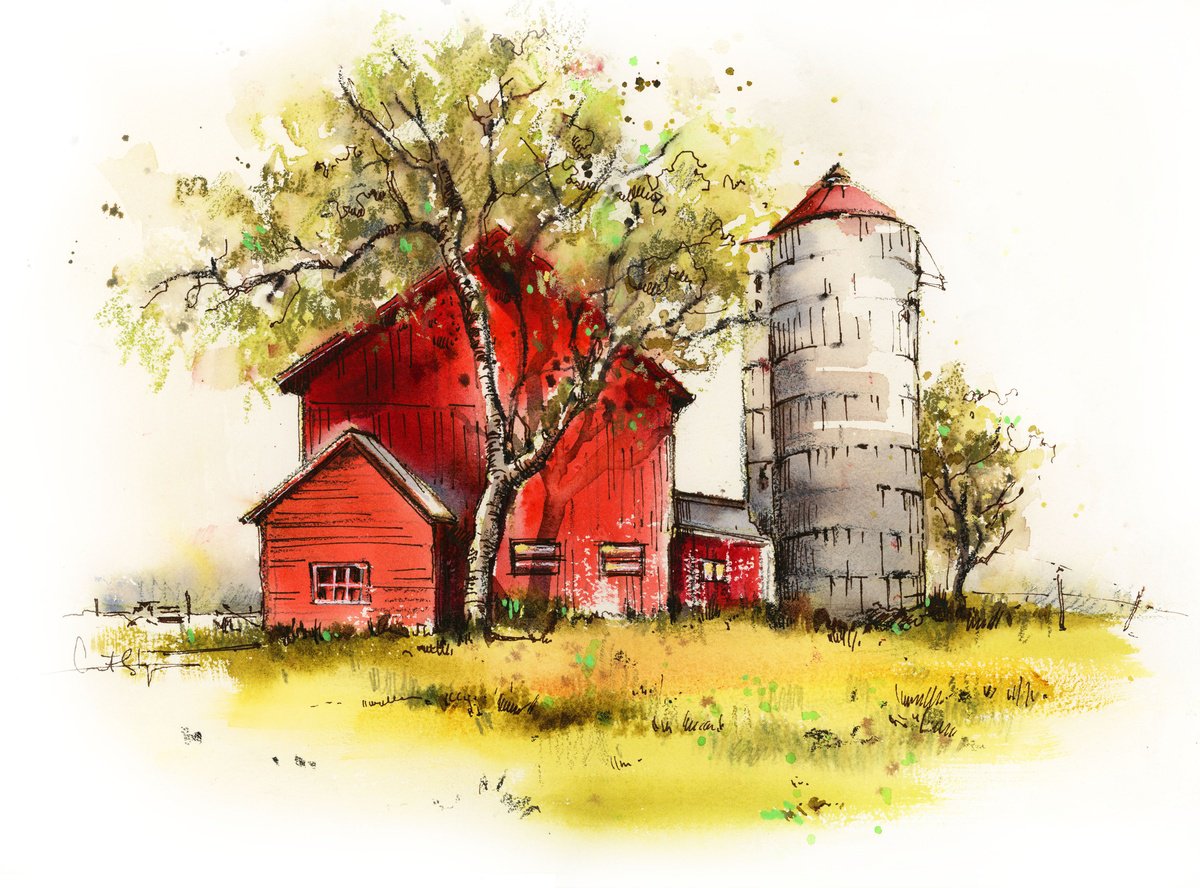 Impressionistic Cityscapes Painting By Sophie Rodionov, 16 X 12", Red Barn, Original Artwork