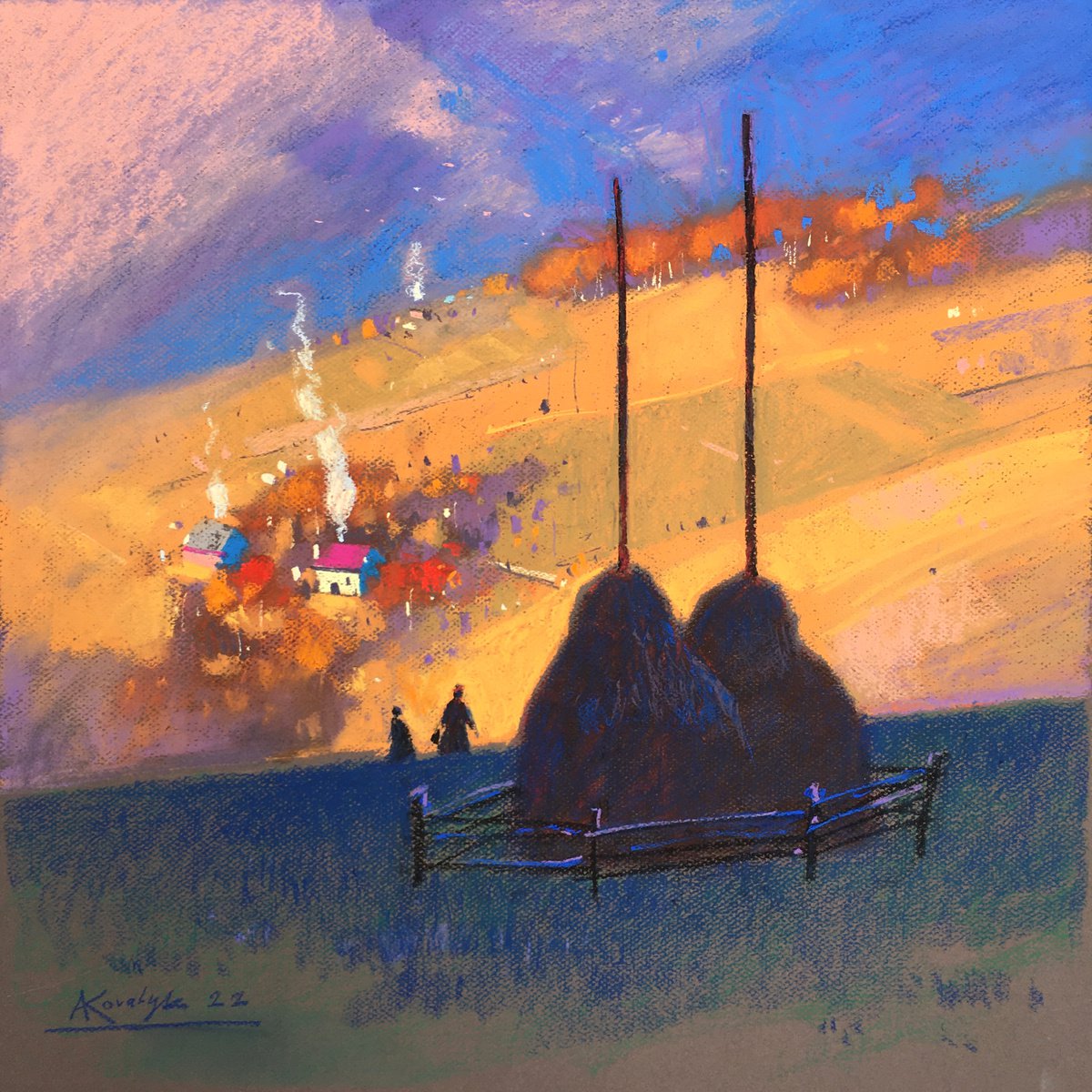 Impressionistic Landscape Pastel Drawing By Andrii Kovalyk, 20 X 20, Autumn Evening In Ukrainian Carpathian, Original Artwork