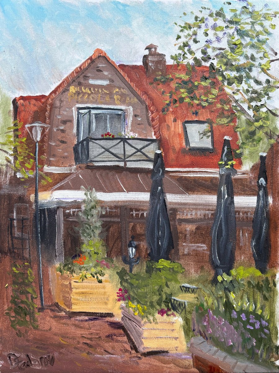 Impressionistic Cityscapes Oil Painting By Dmitry Fedorov, 12 X 16, Cafe In Beilen. Pleinair, Original Artwork